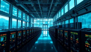 State-of-the-art bitcoin cloud mining facility utilizing renewable energy sources for sustainability.