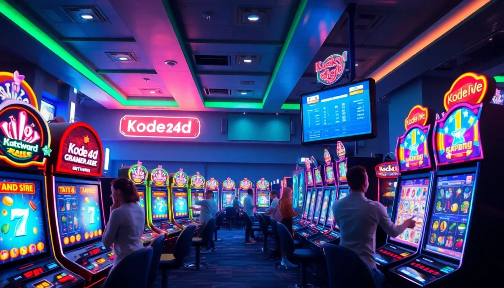 Kode4d slot machines illuminated with vibrant lights and excited players enjoying the gaming experience