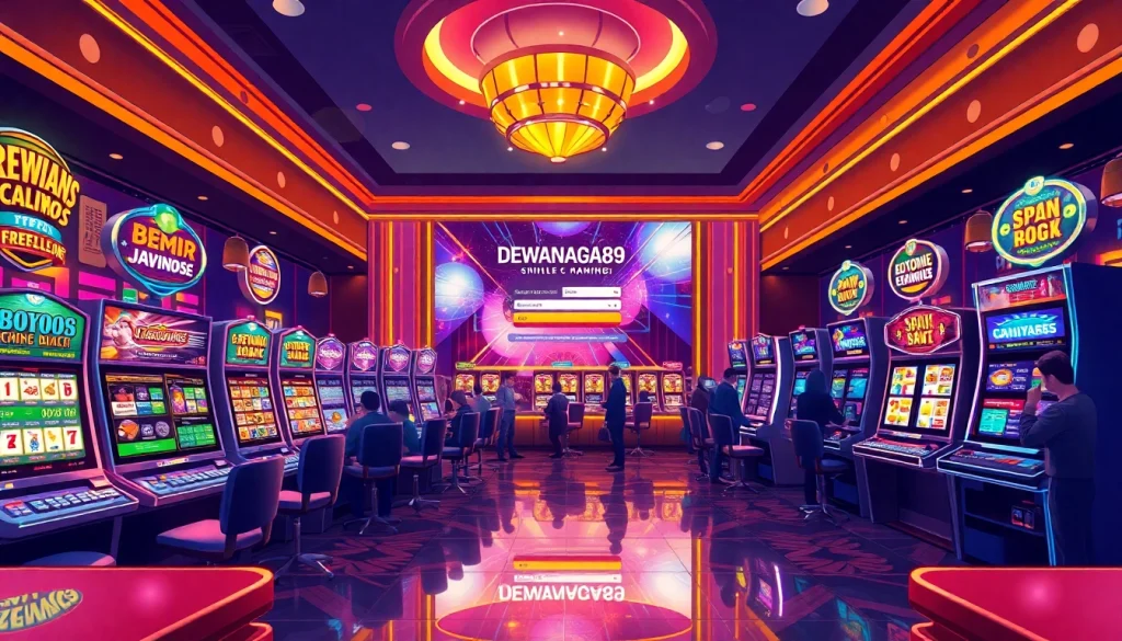 Adegan mesin slot yang mendebarkan menampilkan para pemain yang menikmati permainan sambil menekankan peluang login DEWANAGA89.