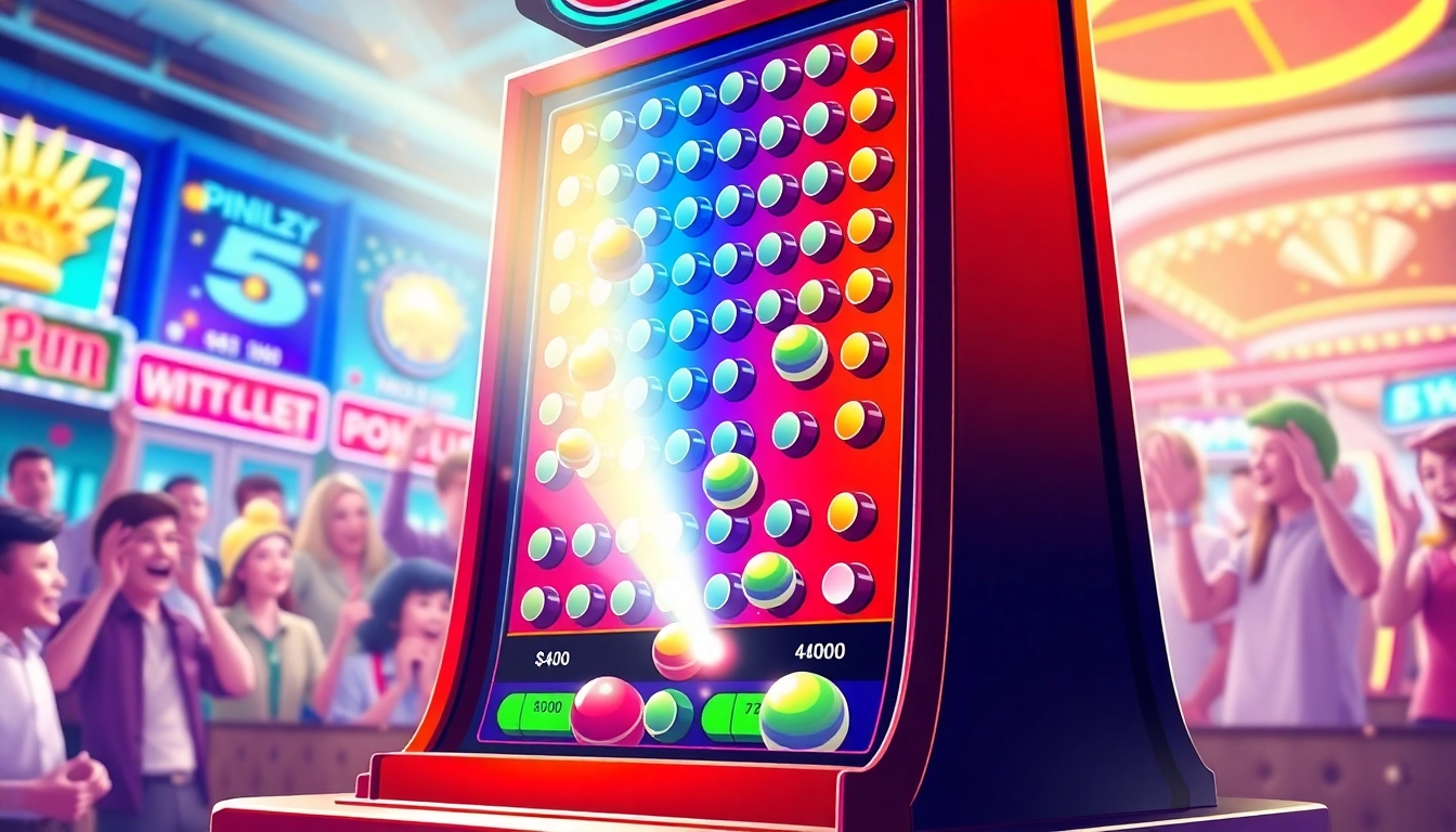 Menggambarkan permainan plinko slot yang menarik dengan bola menjatuh dan multiplikator yang cerah.