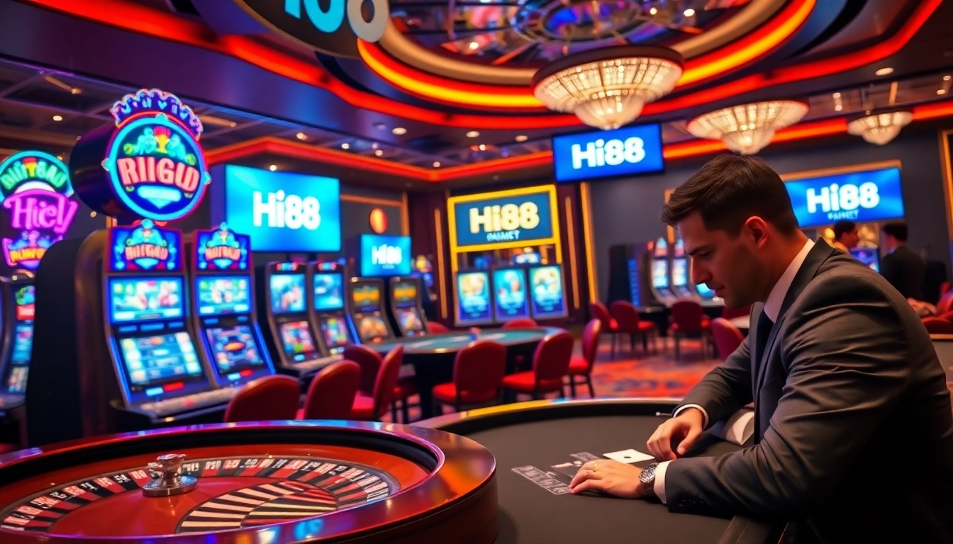 Play exciting games with Hi88 at a vibrant casino full of slot machines and poker tables.