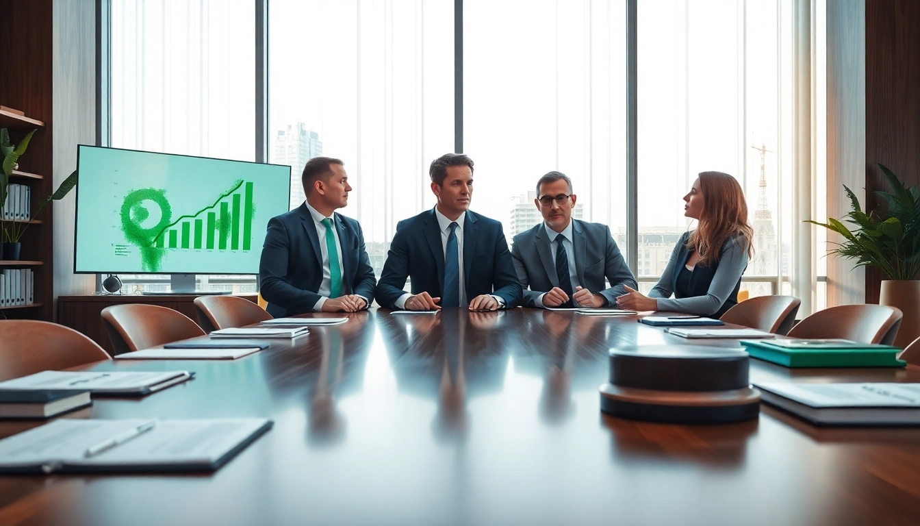 Focused discussion at an environmental law firm with attorneys strategizing on sustainability.