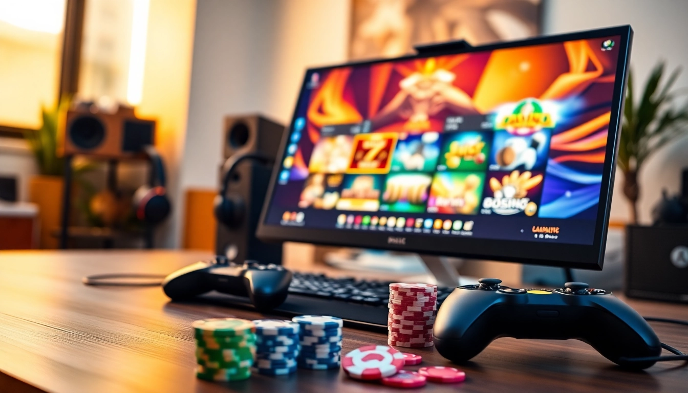 Engaging view of Canadian casinos online gaming setup with colorful games and poker chips.