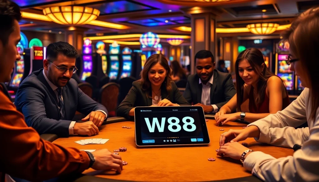 Players engaging in high-stakes poker with the W88 link displayed on a tablet in a luxurious casino setting.