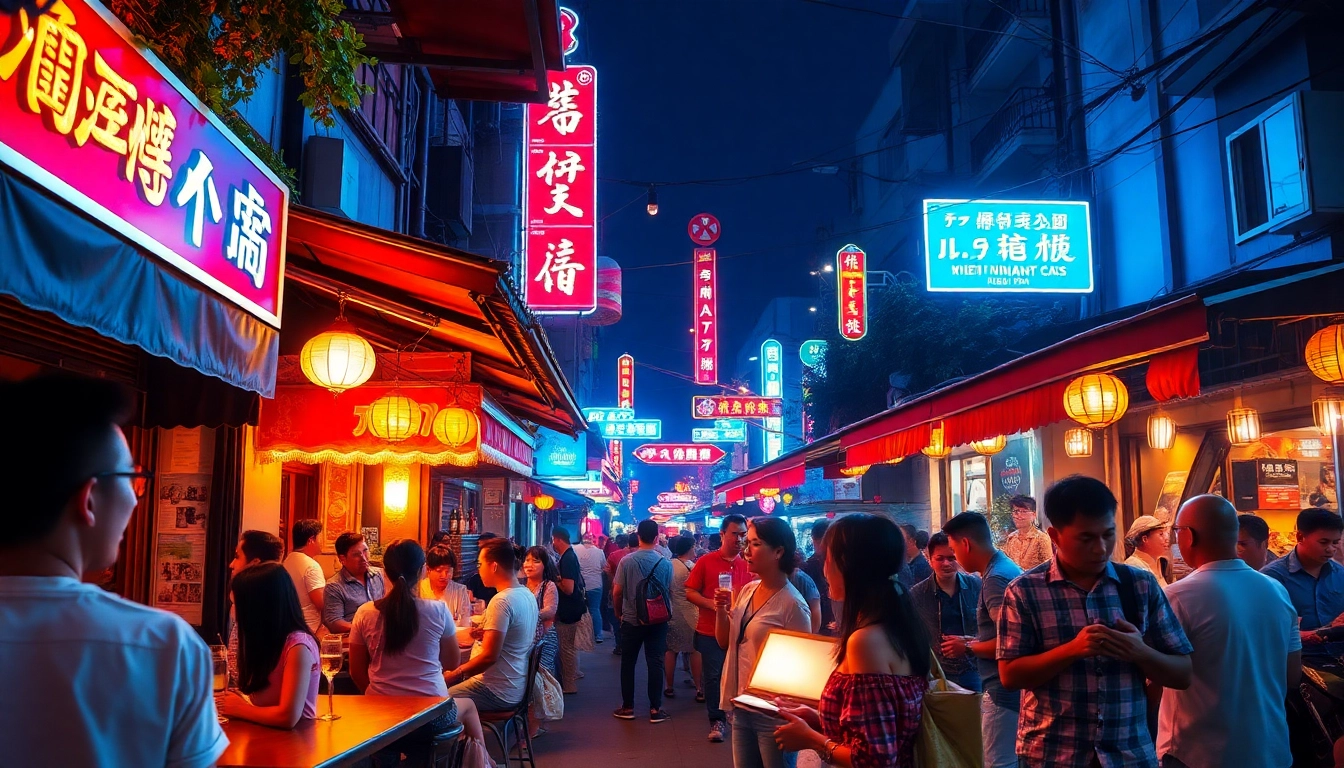 Vibrant city scene showcasing 하노이밤문화 with lively outdoor bars and street food.