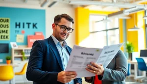 Engaging scene of job help with a counselor assisting a job seeker in a bright office.