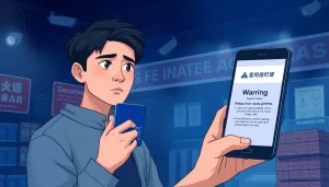 카드깡 경고를 보여주는 스마트폰을 들고 있는 사람의 일러스트