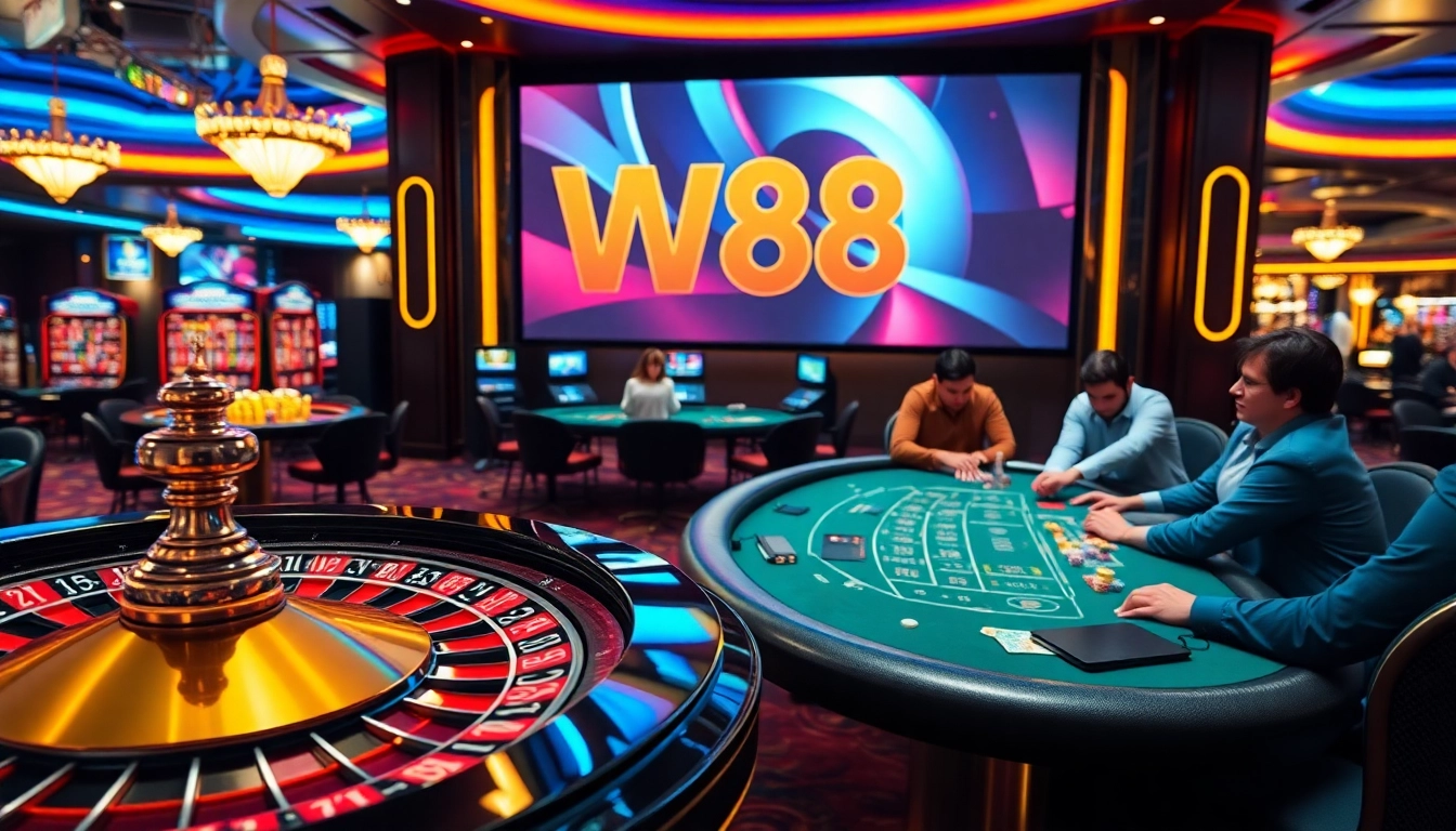 Trải nghiệm các trò chơi đầy kịch tính với liên kết truy cập W88 hiển thị nổi bật tại một casino đầy sống động.