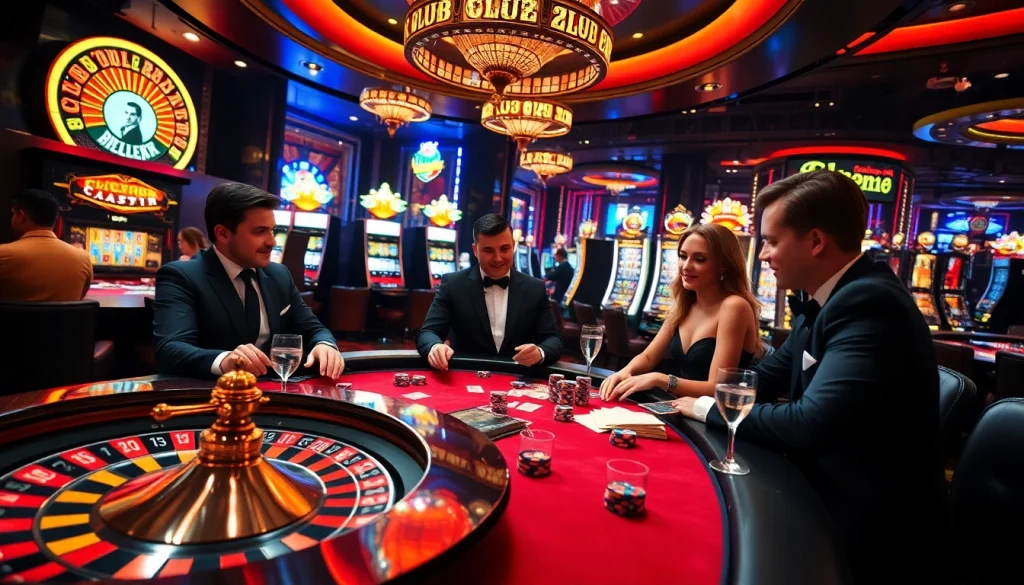 Gamblers enjoying poker and roulette at the b52 club casino, showcasing luxury and excitement.