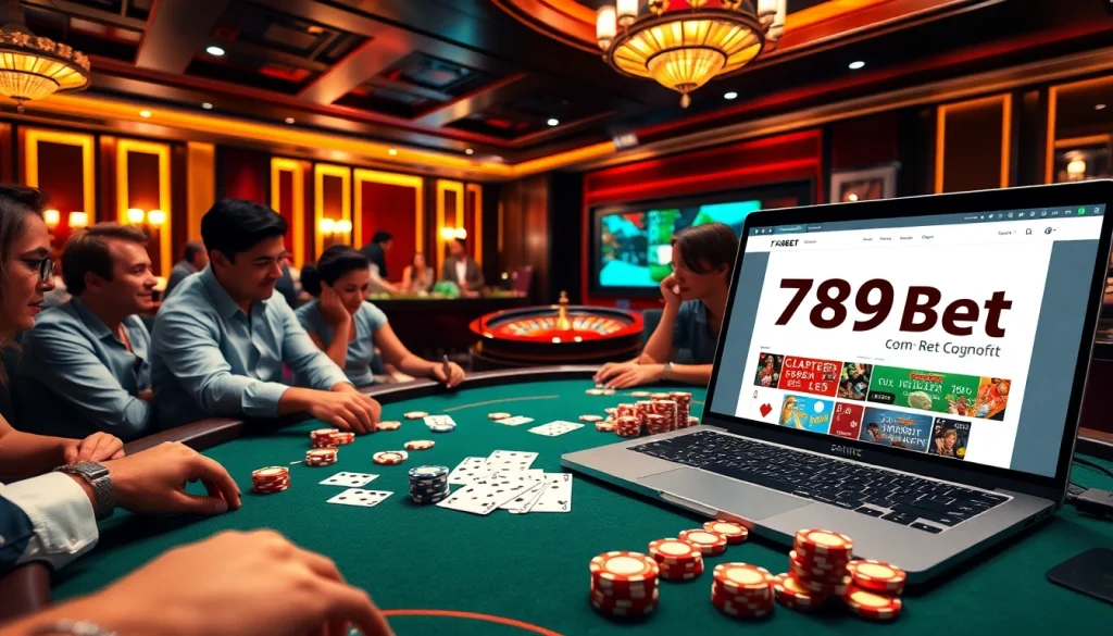 Experience the excitement of online gambling at 789bet com with a lively casino scene featuring poker and roulette.