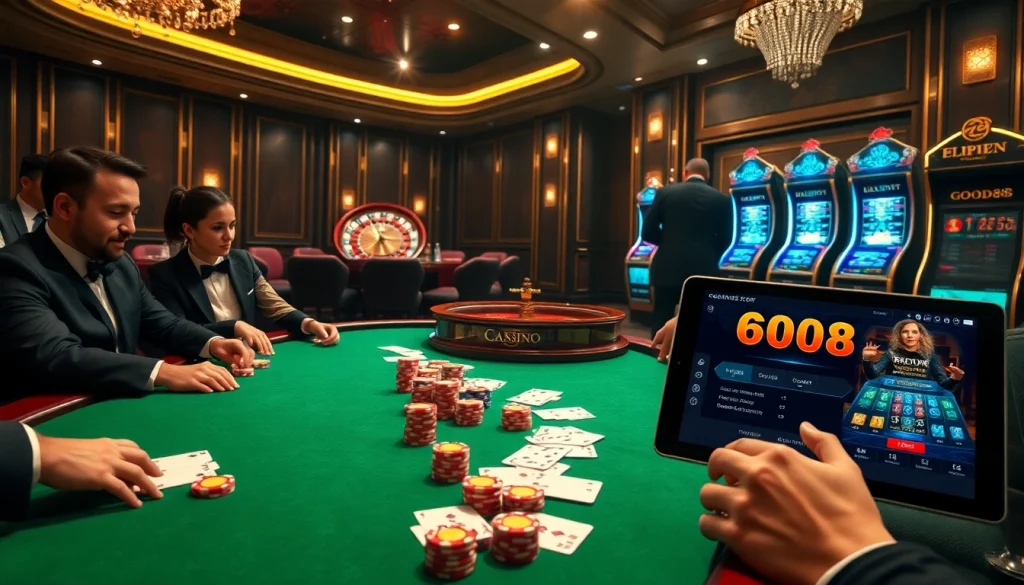 Exciting gameplay at nhà cái good88 with players at a poker table and slot machines.