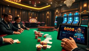 Exciting gameplay at nhà cái good88 with players at a poker table and slot machines.