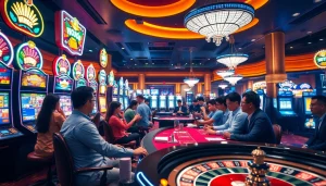 Engaging casino scene highlighting link alternatif sbobet with vibrant slot machines and excited players.