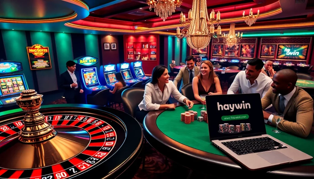 Players enjoying games at hay.win casino featuring poker, roulette, and slots in a vibrant setting.