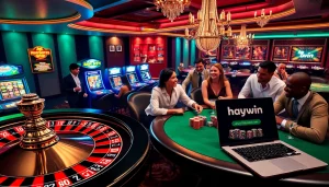 Players enjoying games at hay.win casino featuring poker, roulette, and slots in a vibrant setting.