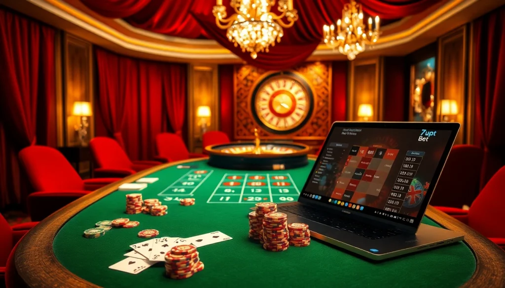 Experience the thrill of casinos with 7upbet's poker table and roulette wheel in a luxurious setting.