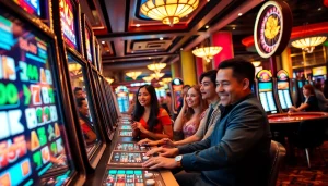 Players enjoying a slot demo mahjong experience amid the excitement of a vibrant casino atmosphere.