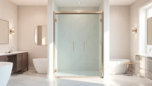 Showcasing sunney shower doors with a modern design and polished finish in a serene bathroom.