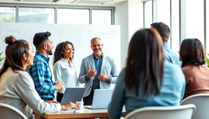 Engaging business coaching service session with a diverse group collaborating in a modern office.