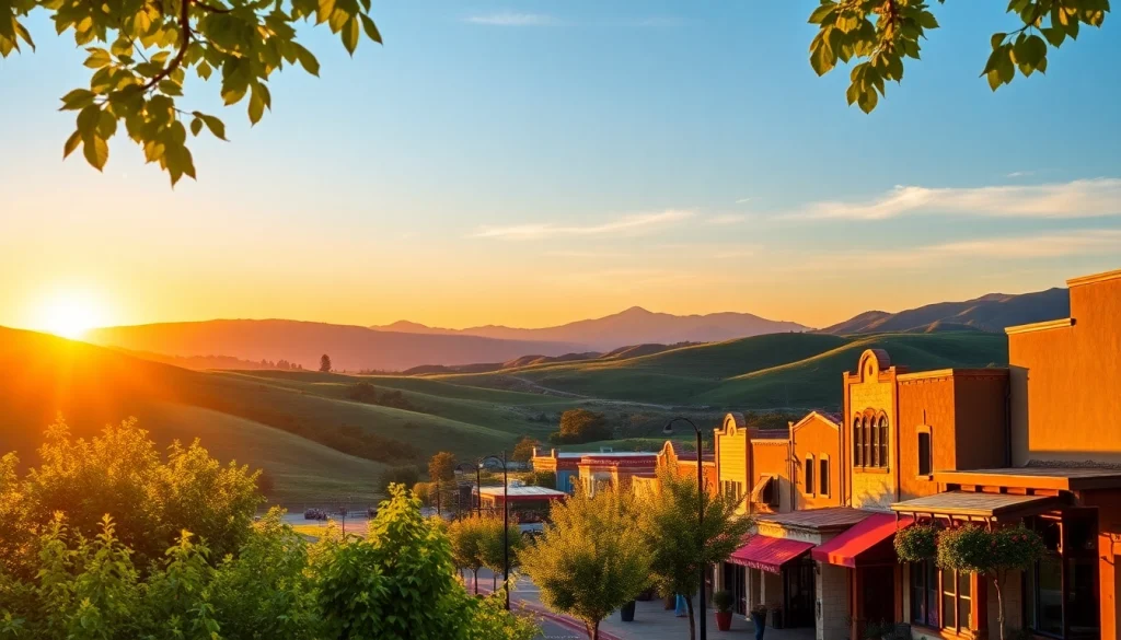 Enjoy vibrant Clarksburg sunset illuminating the town's charming streets and green hills.