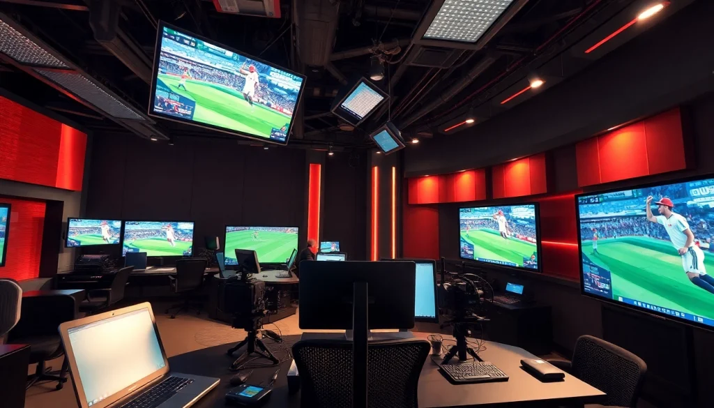 Dynamic sports broadcasting studio showcasing advanced equipment for live sports coverage.