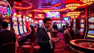 Berinteraksi dengan slot deposit pulsa tanpa potongan sambil para pemain menikmati mesin-mesin yang hidup di kasino mewah.