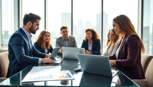 Engaging business marketing discussion among professionals in a modern conference room.