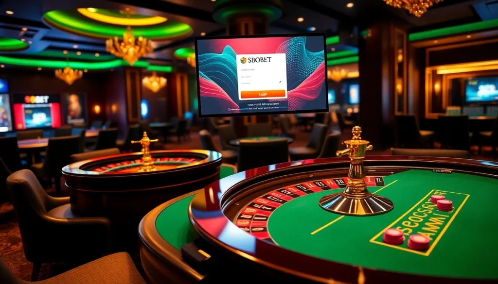 Engage in thrilling sports betting with SBOBET login showcased in a luxurious casino scene.