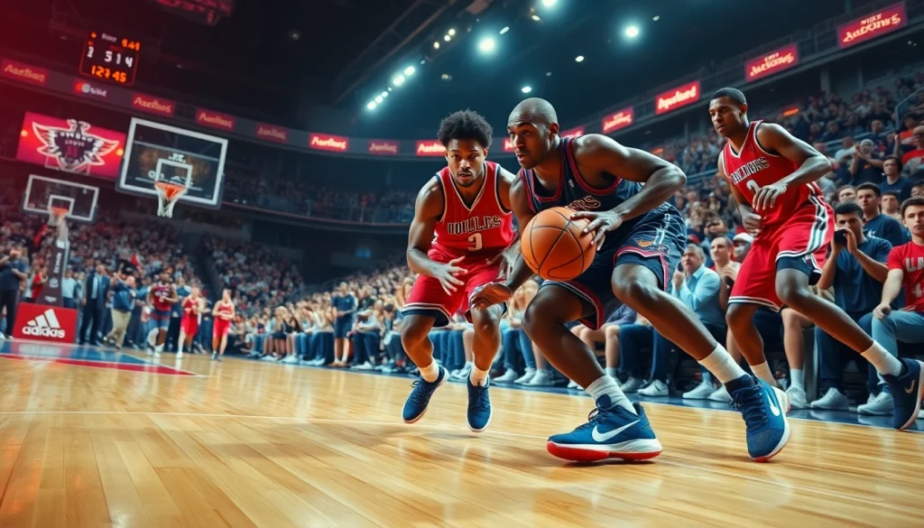 Watch live basketball action capturing intense moment; ดูบาสสด illustrated during a key play.