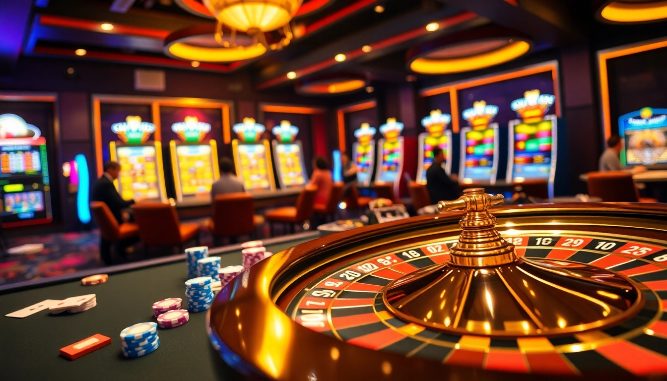 Engage with thrilling games at https://www.kjc.global/ with vibrant poker tables and a roulette wheel in a luxurious casino scene.
