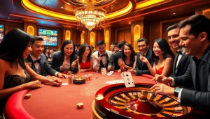 Join the excitement of vn168 đăng ký at a vibrant casino table with eager gamblers.
