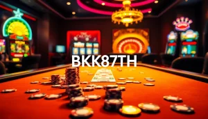 Exciting gambling scene featuring BK8TH casino tables and vibrant slot machines.