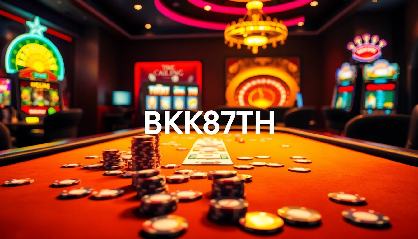 Exciting gambling scene featuring BK8TH casino tables and vibrant slot machines.