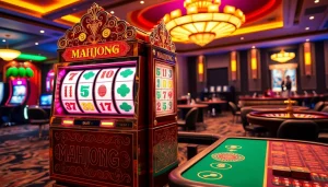 Berinteraksi dengan slot demo Mahjong di kasino yang ramai dengan mesin slot bertema Mahjong.