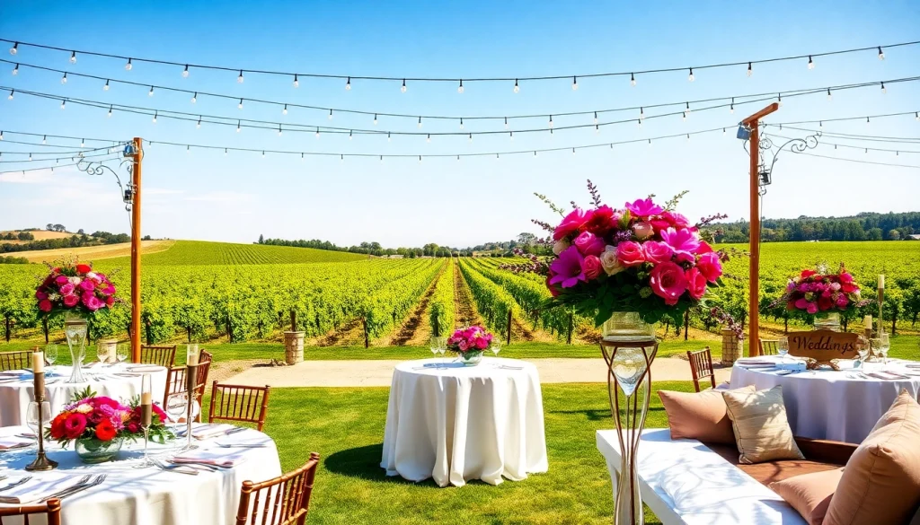 Stunning outdoor Clarksburg Wedding Venues setup with tables, floral decor, and vineyard backdrop.