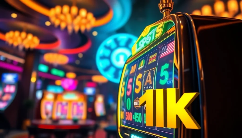 Menggunakan slot deposit 1k dengan mesin slot berkilau di kasino yang meriah.