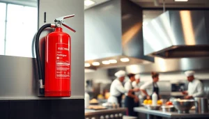Electrical fire extinguisher prominently displayed in a busy commercial kitchen environment for safety.