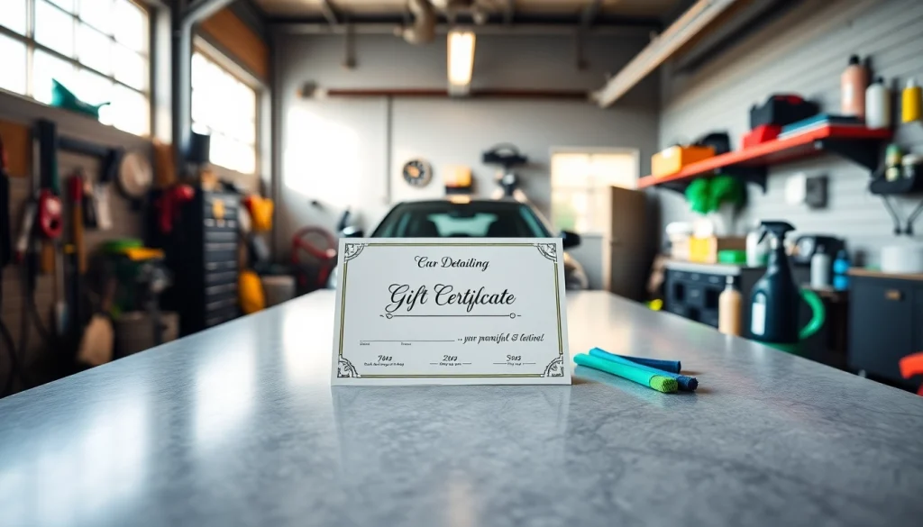 Presenting a car detailing gift certificate elegantly arranged with detailing tools in a bright garage.