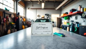 Presenting a car detailing gift certificate elegantly arranged with detailing tools in a bright garage.