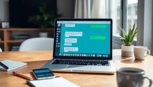 展示WhatsApp网页版的聊天界面与手机二维码的笔记本电脑工作区场景。