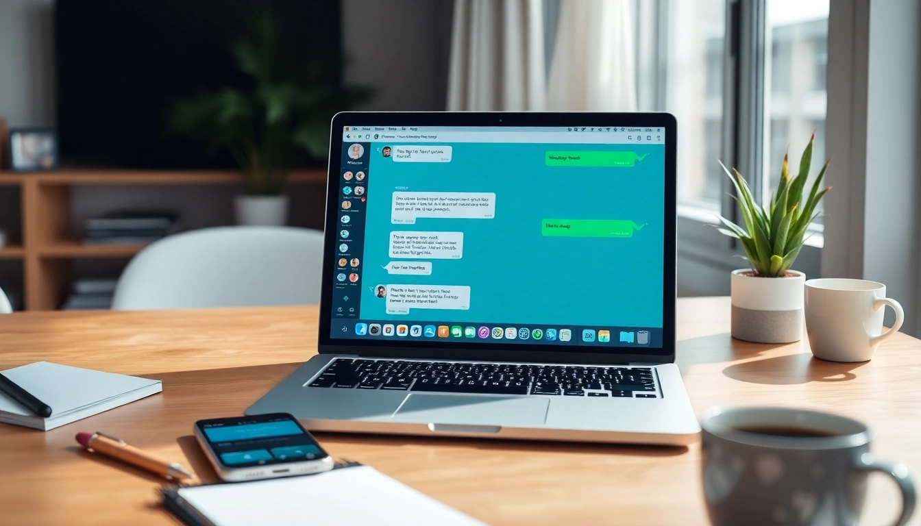 展示WhatsApp网页版的聊天界面与手机二维码的笔记本电脑工作区场景。