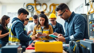 Training at an electrician trade school Colorado, showcasing practical skills in a collaborative classroom.