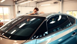 Applying auto window tint near me in a professional garage with expert technicians.