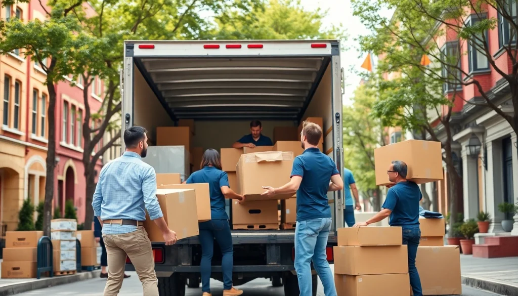 Umzugsfirma packt sorgfältig Kartons in einen Umzugswagen.