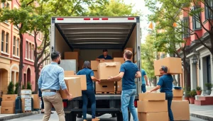 Umzugsfirma packt sorgfältig Kartons in einen Umzugswagen.
