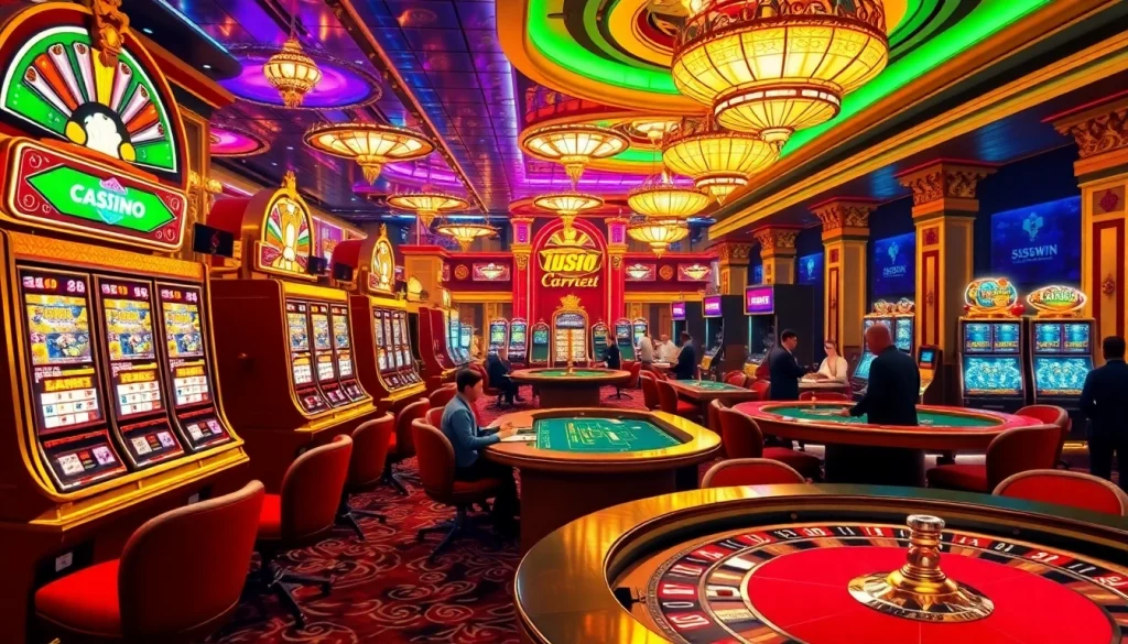 Experience the thrill of winning at 555win com, showcasing a lively casino floor with slot machines and players.