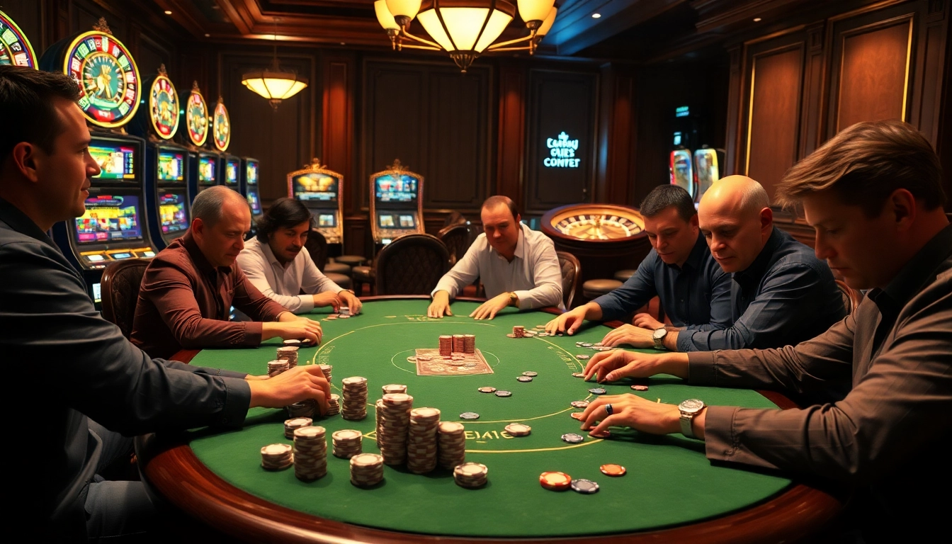 Sbobet players strategizing at a casino table with vibrant chips and cards.