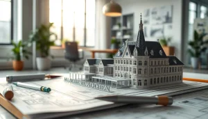 Das architekturmodellbau Aachen zeigt ein präzises Architekturmodell in einem modernen Studio.