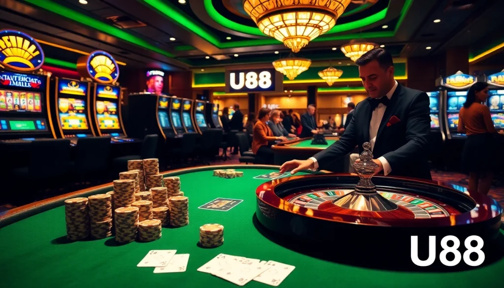 Players enjoying high stakes poker at the U88 casino with vibrant table action.