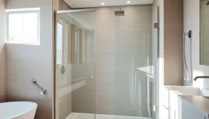 Showcase of glass shower doors in a stylish bathroom setting highlighting elegance and transparency.
